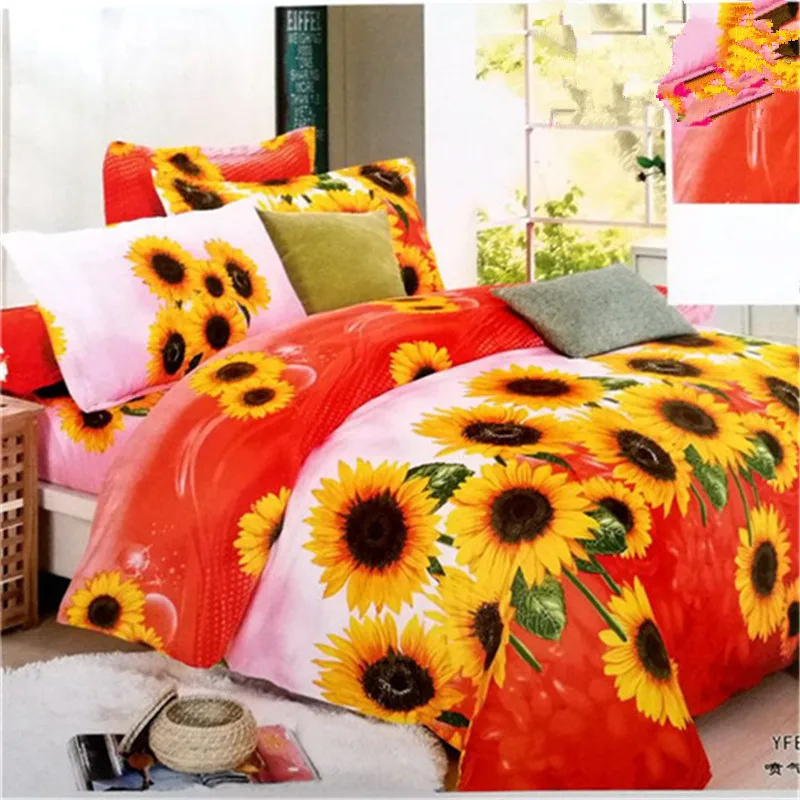 

new process Sunflower pattern 3D Bedding Pure cotton 4pcs 1pcquilt/1pcBed sheet/2pcpillowcase size Queen free shipping