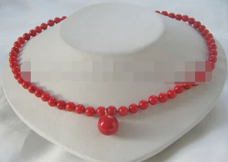 

3190 perfect round red coral pendant necklace
