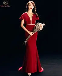 Ходить рядом с вами цвет красного вина вечерние платья элегантные атласные длинные в стиле русалки Sheer шеи Короткие рукава для выпускного
