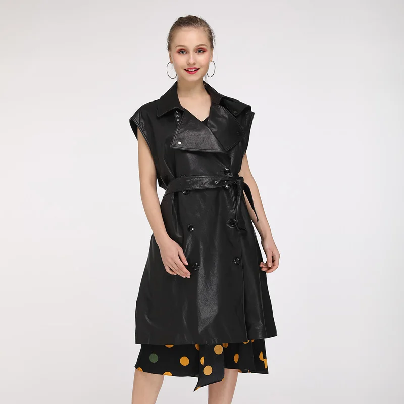 Maylofuer New Long Genuine Leather Jacket Women Real Leather Vest with Belt Fashion Coats