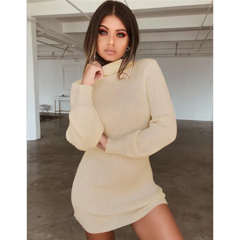 

Trendy Women dress Winter Knitted solid long sleeve Turtle Neck sexy casual Knitwear Mini Dresses one pieces