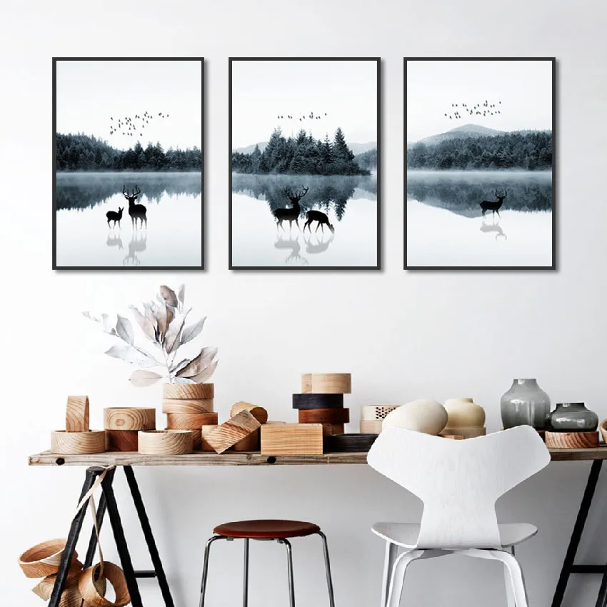 

ALMUDENA Canvas Wall Art Printed Poster Scandinavian Modern Minimalist Mood Woods Elk Picture Living Room Triptych Decor
