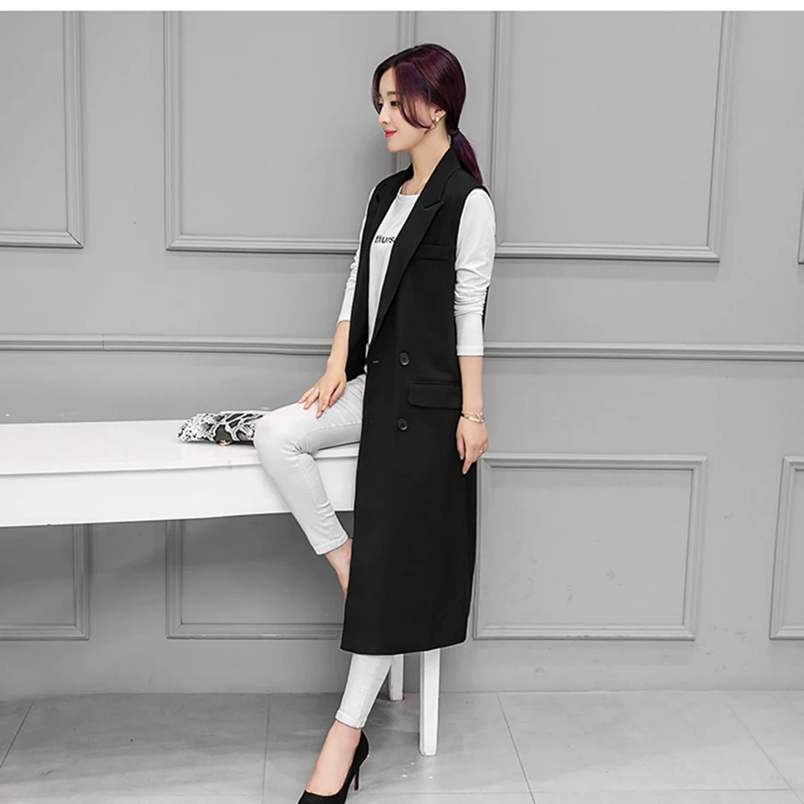 Women Black Long Vest Coat 2018 European Style Double Breasted Waistcoat Sleeveless Vest Femme Outwear Casual Tops Roupa Female