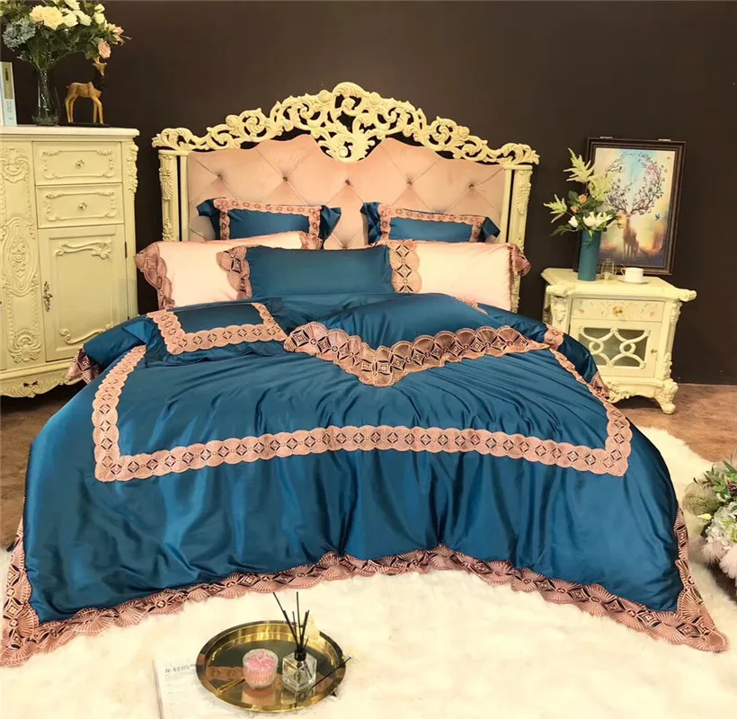 

1000TC Egyptian Cotton Wide Lace Edge Duvet Cover Bed sheet set Peach Blue Princess Palace Bedding set Queen King size 4/7Pieces
