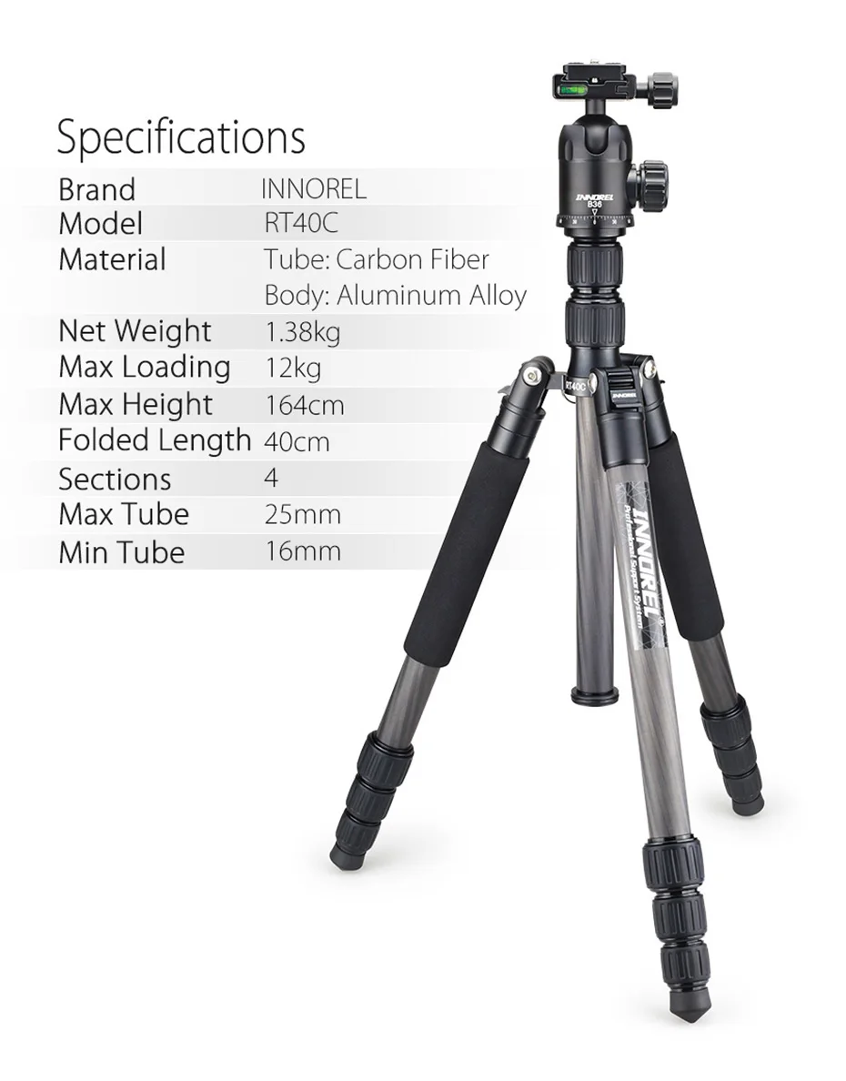 RT40C Carbon Fiber Camera Tripod Professional Travel Compact Tripod Video Monopo