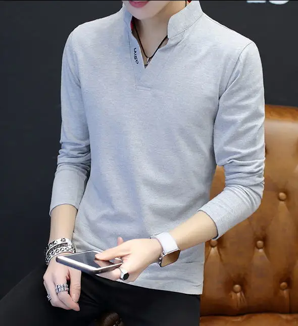Высококачественная брендовая мужская рубашка поло, приталенная Однотонная рубашка поло с длинным рукавом и стоячим воротником, рубашка Camisa Polo Grande 5XL - Цвет: Серый