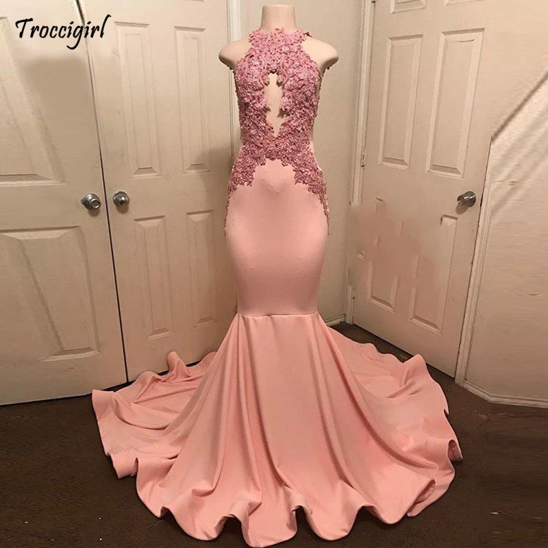 

Long Black Girl Prom Dress Real Sample O-neck Beaded Lace Top Satin Pink Mermaid Prom Dresses 2019