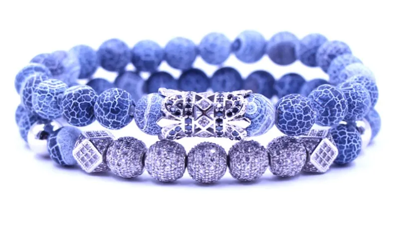 

8mm 2PCS/Set silver gh6y elastic adjusted nature grey weathering agate micro pave cz zircon cubic zirconia tube Bracelet