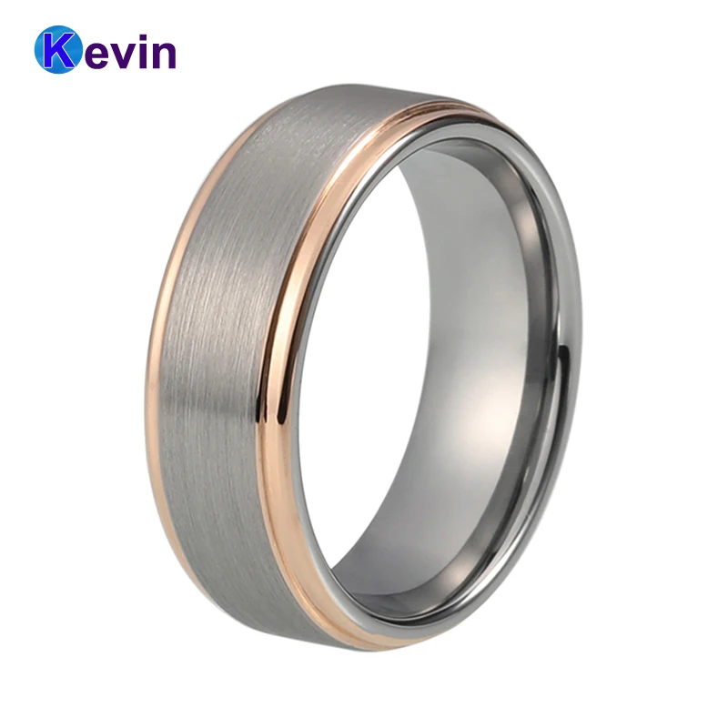 

Tungsten Men Wedding Ring Rose Gold Color Step Edges Brushed Comfort Fit