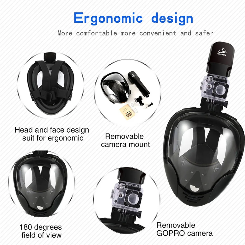 SMACO 180 Panoramic View Full Face Snorkeling Diving Mask Underwater Gear Swimming Snorkel Scuba Camera Holder for Gopro