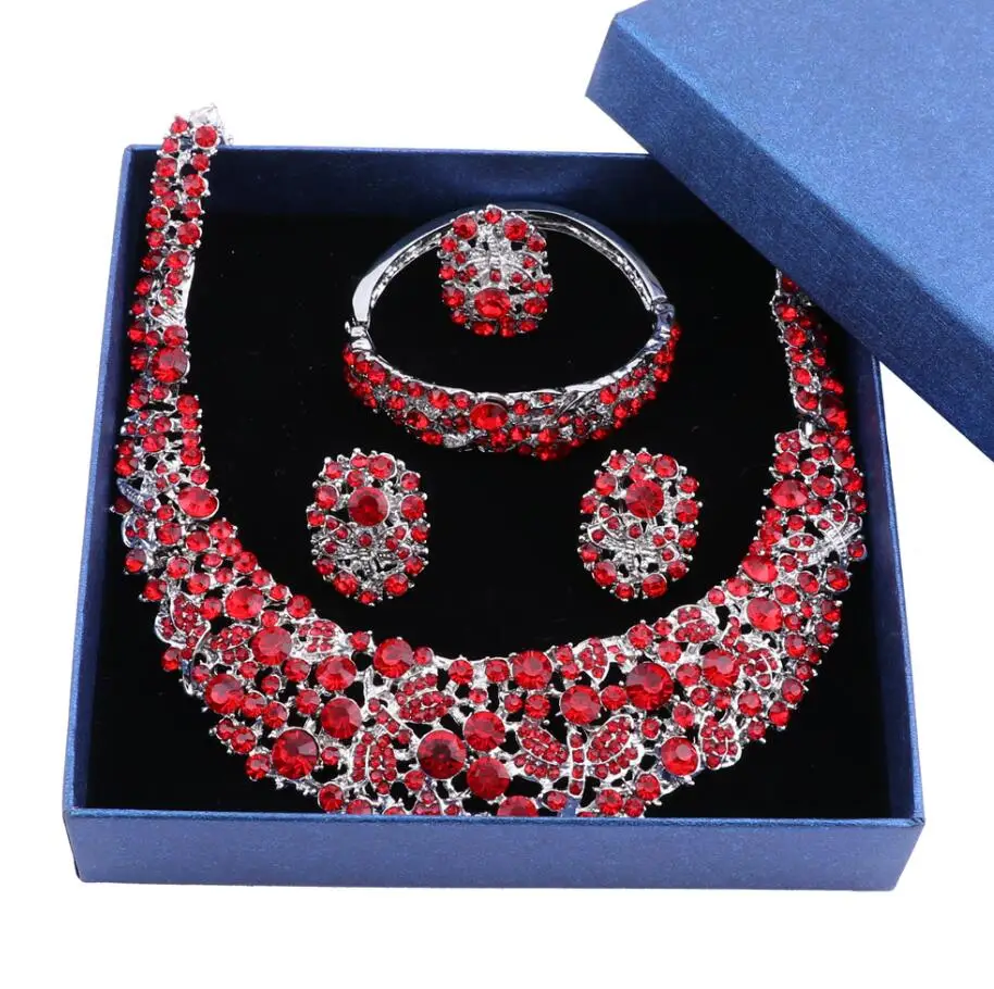 Silver Red and boxes Для женщин вечерние свадебные Изысканные синий и красный цвета Кристальные бусы в африканском стиле Ювелирные наборы для Свадьба; вечеринка платье цепочки ожерелья серьги - Окраска металла: Silver Red and boxes