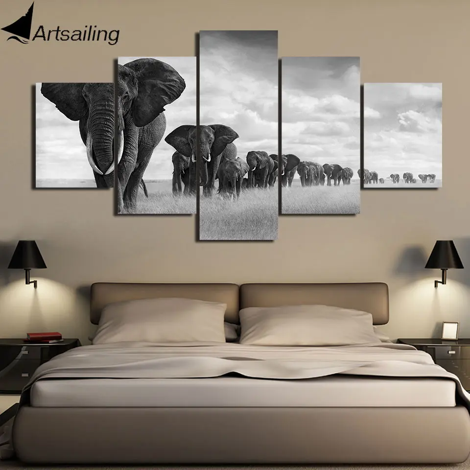 

Wall Canvas Art 5 Pcs Elephants Animal Posters and Prints Painting White Black Wall Pictures for Living Room Home Decor F737