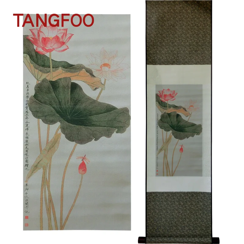 

Three-dimensional silk brocade painting lotus flower diagram drawing scroll with Chinese characteristics living room home decor