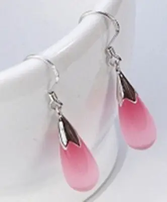 

HOT SELL - > 925 Silver pink Cat's Eye Opal Stone Moonlight pink Waterdrop Earring -Top quality free shipping