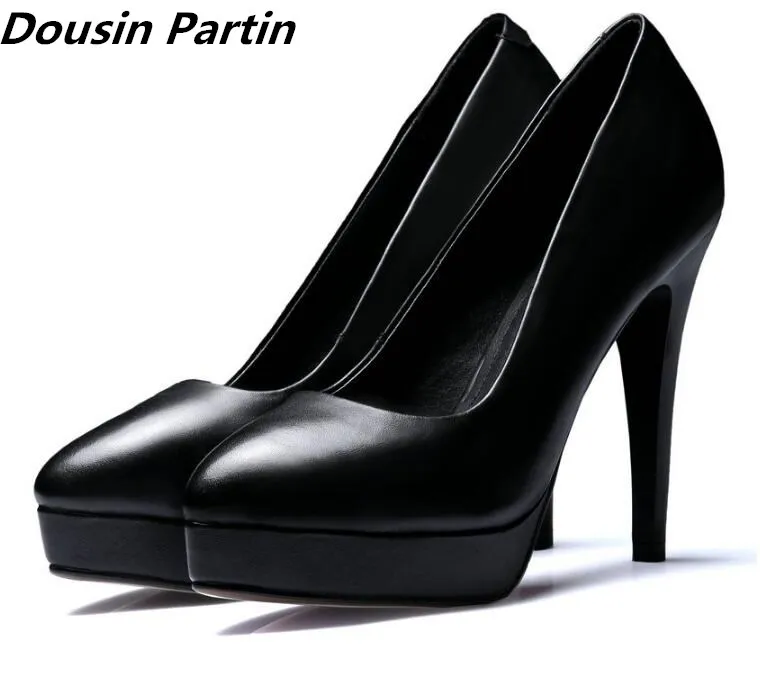 Dousin partin 패션 블랙 하이힐 플랫폼 여성 신발 지적 발가락 pu 8.5 cm/11.5 cm 힐 35-39 n7845963