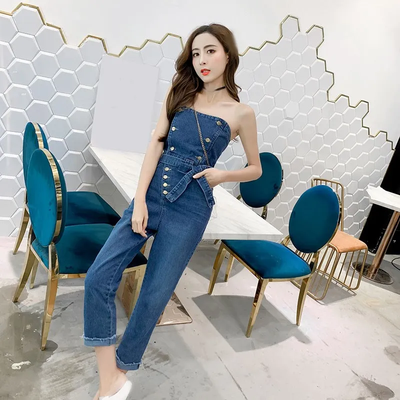 Summer Women Strapless Jeans Jumpsuit Slim Sleeveless Backless Denim