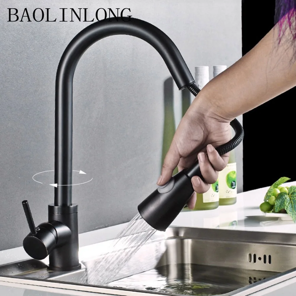 BAOLINLONG Pull Out Brass Kitchen Faucets Cozinha Swivel Spout Kitchen Sink Faucet Tap