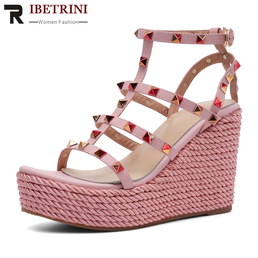 

RIBETRINI New Brand Genuine Leather Rivet Platform Gladiator Sandals Women 2020 Summer Women High Heels Shoes Woman Wedges