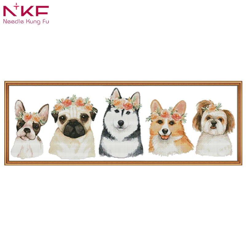 

NKF Printed Canvas DMC Counted Cross Stitch Kits printed Cross-stitch set Embroidery Needlework-puppies DIY cross stitch kits