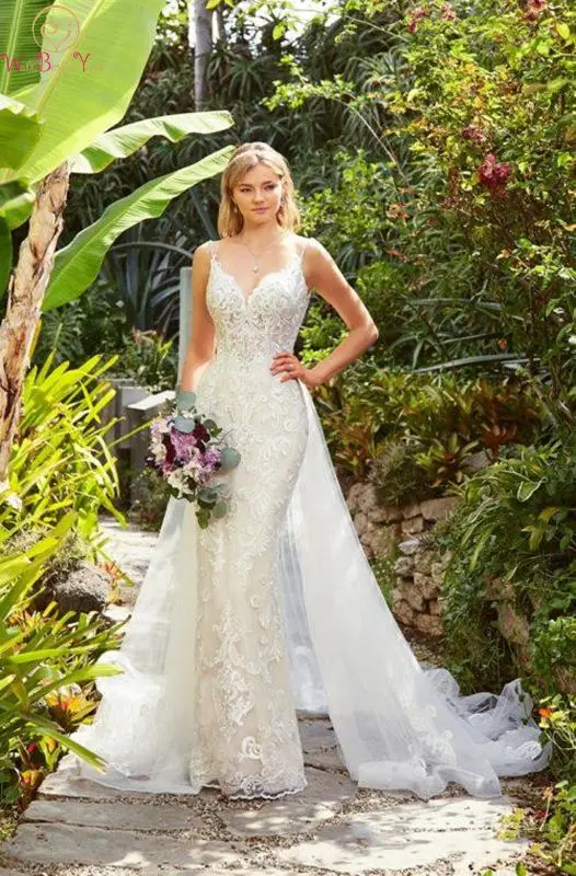 

Champagne Weeding Dress Mermaid Spaghetti Straps Sexy High Split Detachable Tulle Appliques Sweep Train New Design Bridal Gown
