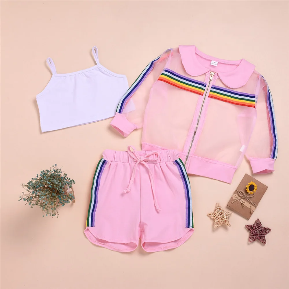 

Girls Clothing Sets Summer Fashion Sun ProtectionTops+Solid Shorts+Solid Vest OutfitsSet 3Pcs Roupas Infantis Menina Summer 2019