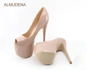ALMUDENA Fantastic Nude Black Patent Leather Open Toe Ultra High Heel Shoes 16cm