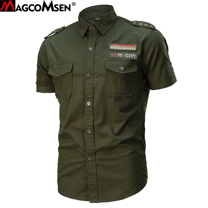 Shirts Men Casual Solid Military Style Shirt Summer Short