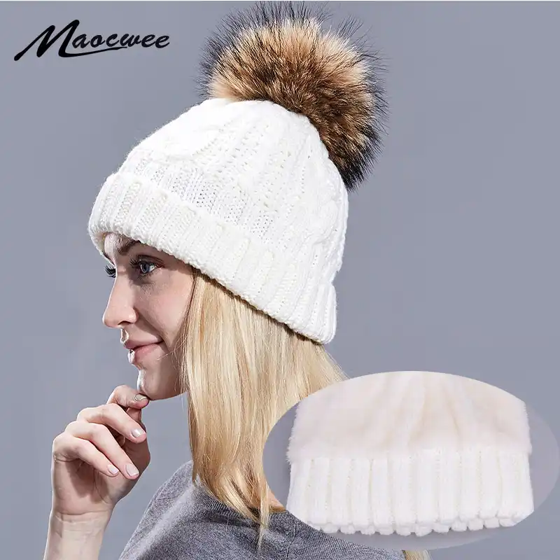 Winter Women Pom Pom Hats Lining Heater Beanies Add Velvet Fleece Inside Warm Solid Black White Cap Nature Fur Pompom Hats Caps Men S Skullies Beanies Aliexpress