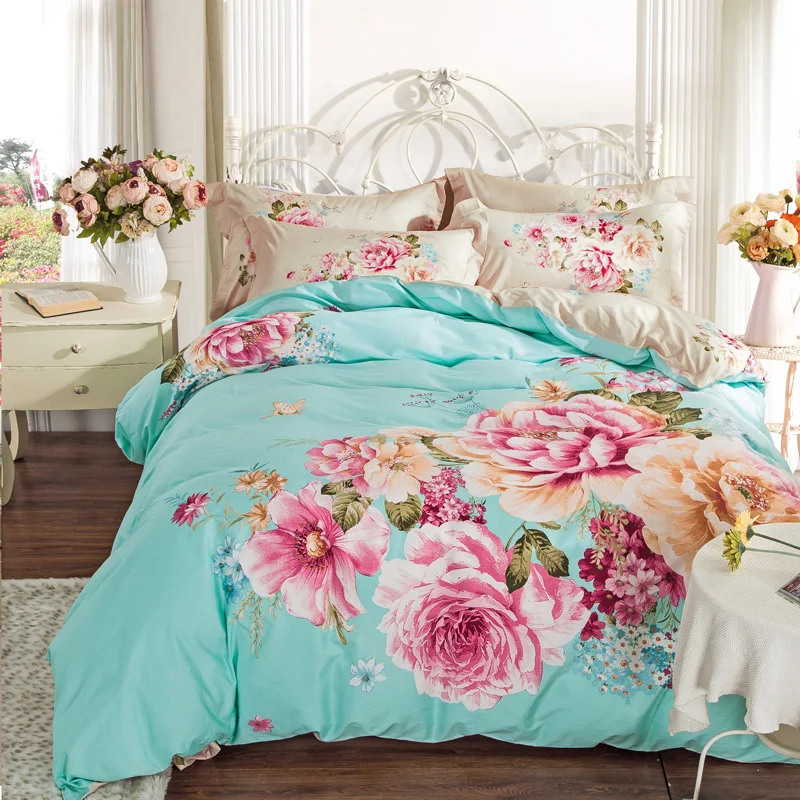 Blooming Pink Flowers Rose Print Powder Blue Bedding Set Queen