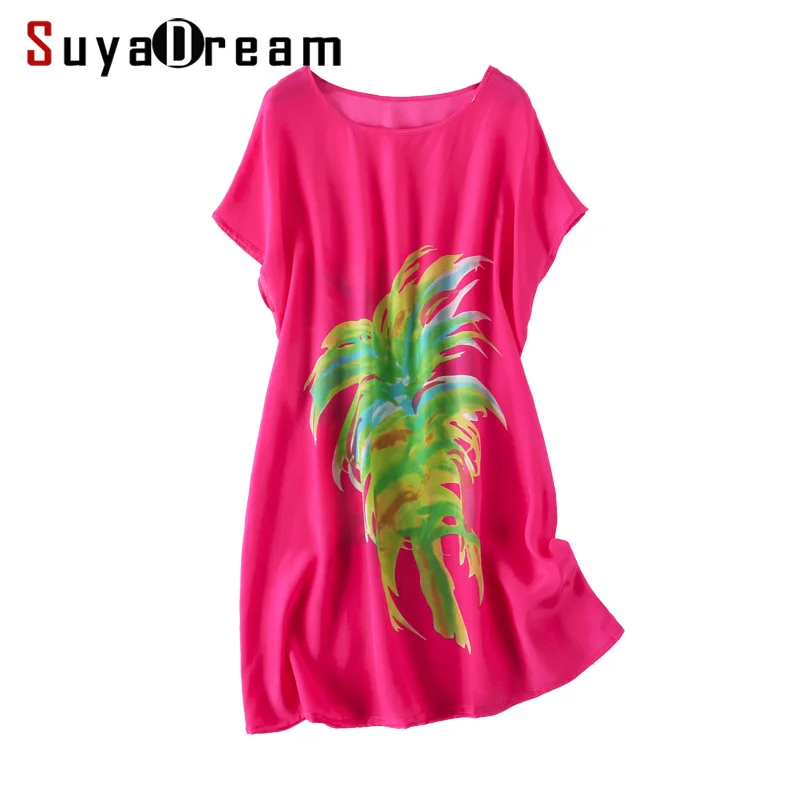 

Women Mini Dress 100%Real Silk Crepe Printed Dresses for Women Short Bat Sleeved Silk Dress 2019 Summer Short Dress