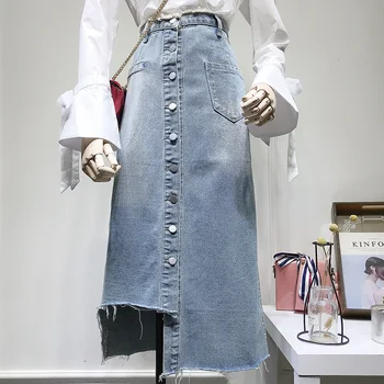 

2019 New Spring Autumn Women's High Waist Single Buckle Over Knee Cowboy Skirt Ins Super Hot Irregular Jeans Skirts