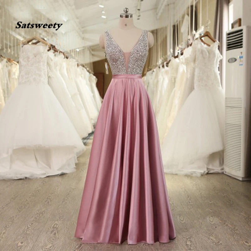 

Satsweety V-Neck Beads Bodice Open Back A Line Long Evening Dress Party Elegant Vestido De Festa Fast Shipping Prom Gowns