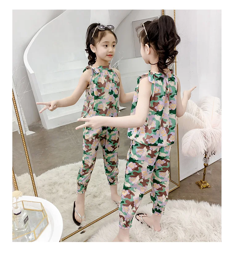 Conjuntos de Roupas Leopardo sem Mangas Camiseta + Calças Novas Crianças Verão Meninas Esportes Conjunto 2 Peças Roupas 4 6 8 10 12 13 Anos 2020 16 Cheap Conjuntos de roupas