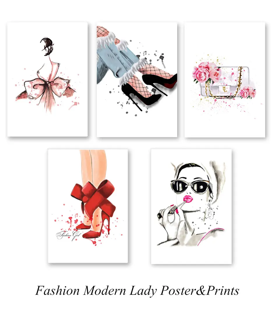 Fashion Lady Poster&Prints For Girl Dressing Room Wall Picture Canvas Painting For Home Decor Red High Heels Lip-Stick Art Mural