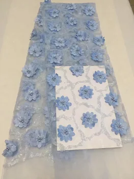 

Sky Blue lace fabric tissus africains guipure tulles perlage high quality nigerian beaded lace fabric net lace 2018 5yard/lot