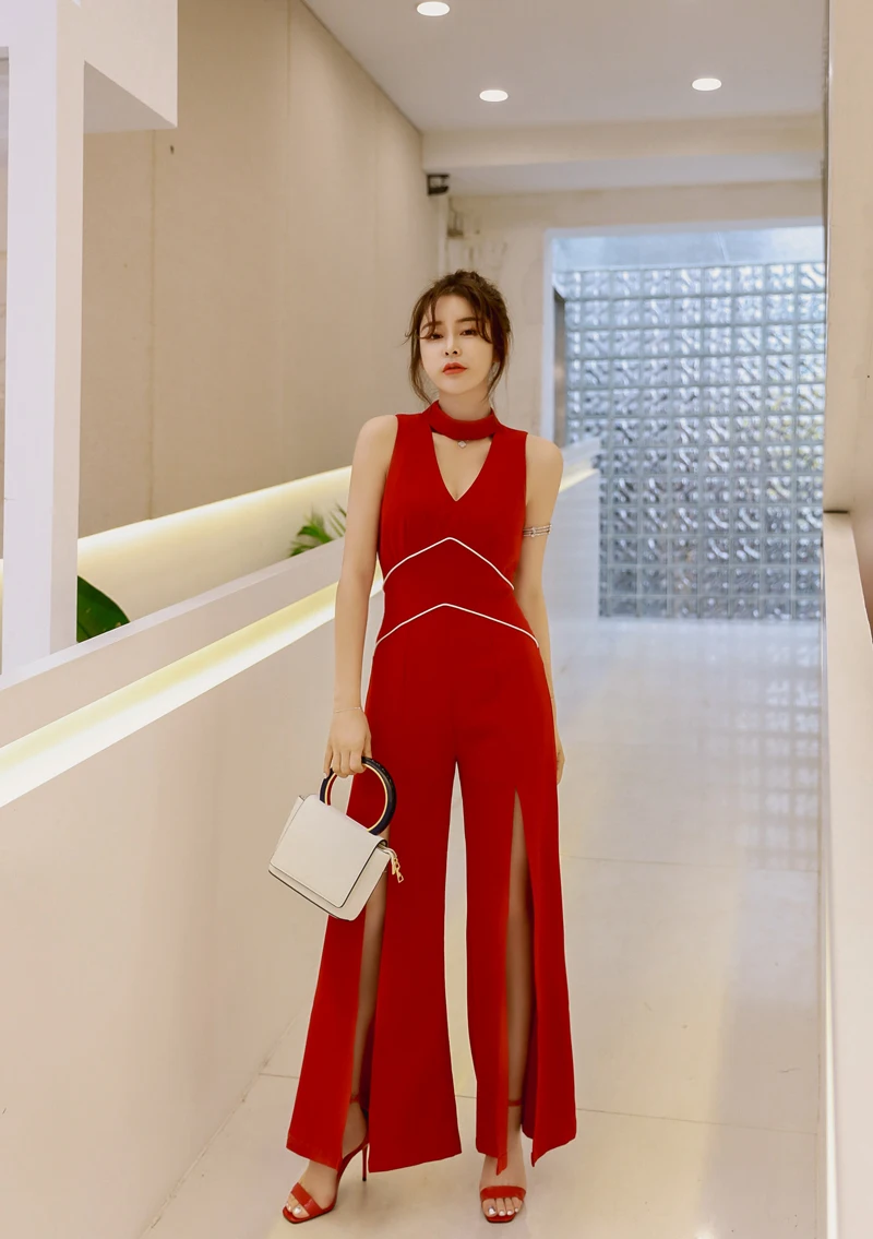 2019 Summer Red Jumpsuit for Women Full Length Chiffon Front Cut Hollow Out V-neck High Street Wide Leg Jumpsuits 2019 Summer Red Jumpsuit for Women Full Length Chiffon Front Cut Hollow Out V-neck High Street Wide Leg Jumpsuits