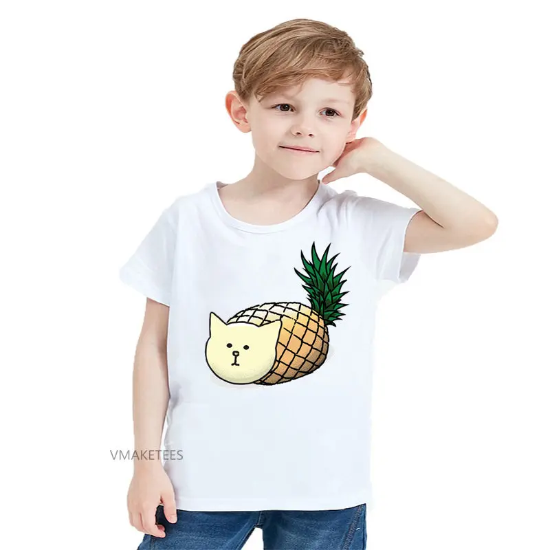 Летняя футболка с короткими рукавами для девочек и мальчиков детская футболка с принтом ананаса и кота забавная одежда с героями мультфильмов для маленьких детей ooo5706 - Цвет: ooo5706A