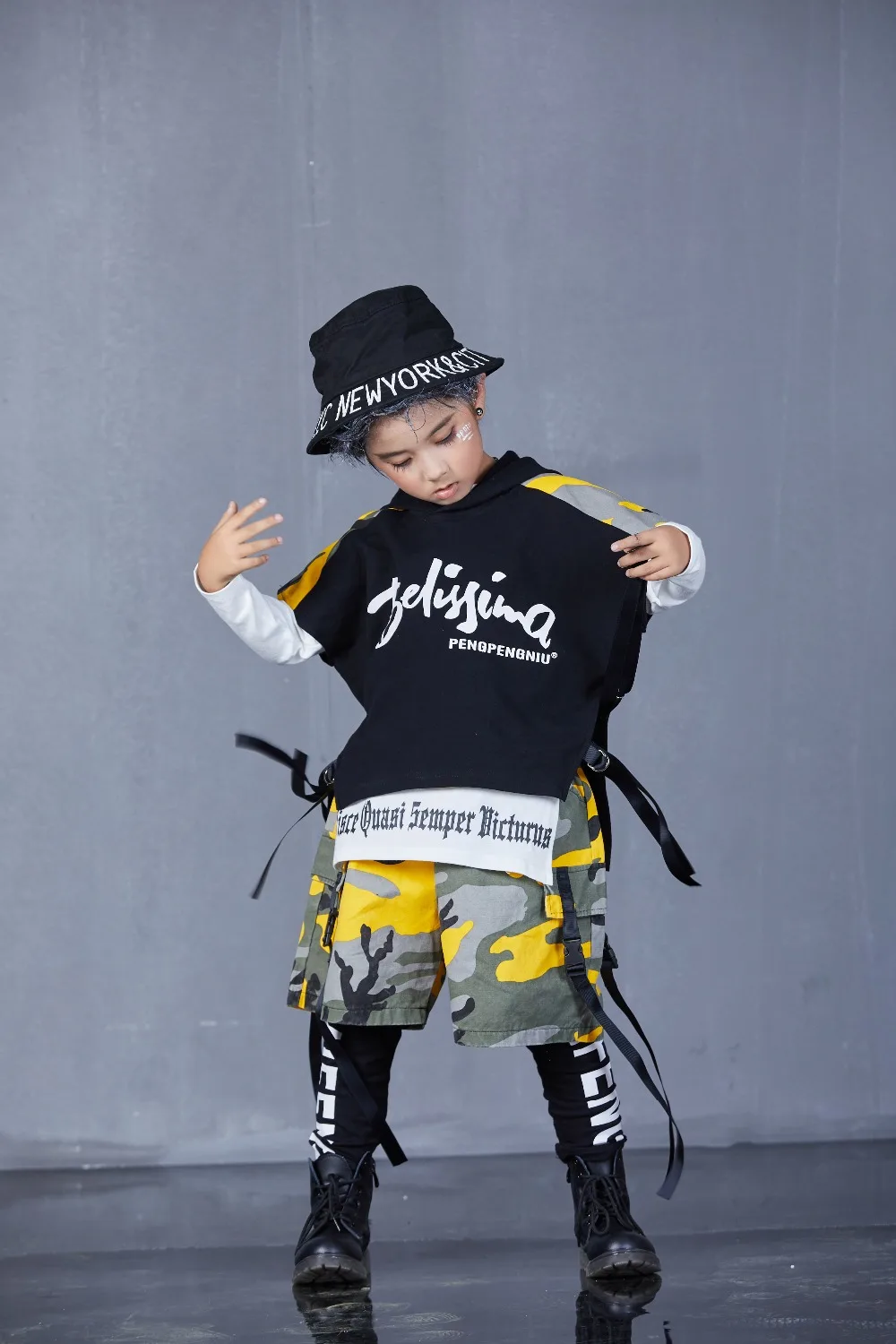 Spring Autumn Boys Girls Street Dance Clothes Suit Children's Fashion Print Performance Tracksuit Kid Hip-Hop Sportswear Outfit (65)