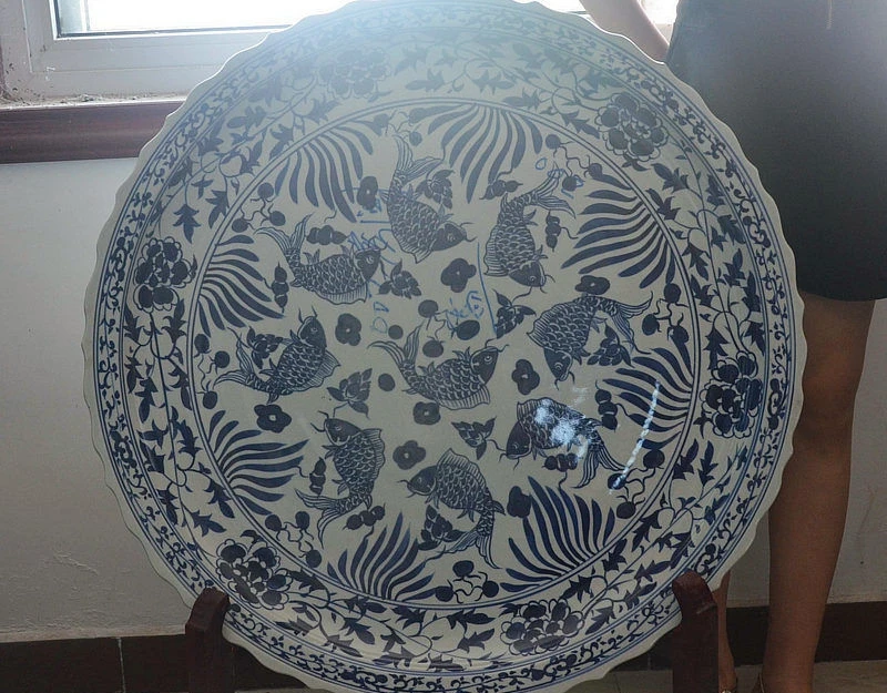 

34" Rarest China Blue and white porcelain Auspicious 9 Fish Carp Plate Dish Tray