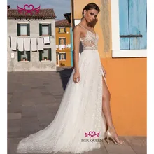 Пикантные тонкие бретельки с изысканной вышивкой прозрачная кисея, тюль Vent пляжное свадебное платье с жемчугом и блестками; Vestidos Para Boda w0343