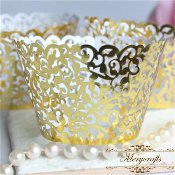10pcs free shipping metallic gold cupcake wrapper laser cut elegant