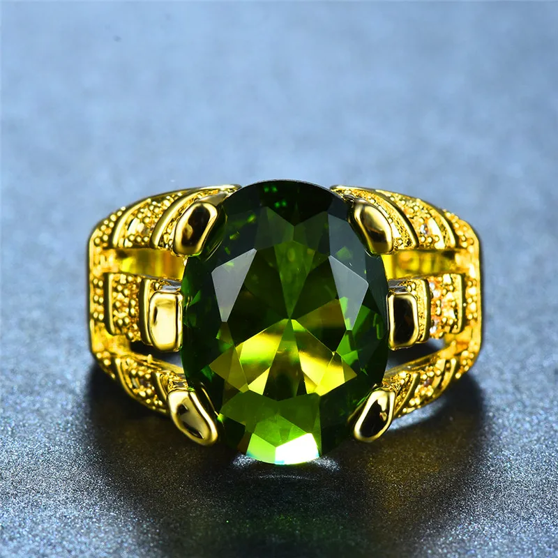 

Gorgeous Male Peridot Oval Finger Ring Luxury Big Crystal Zircon Stone Ring Promise Gold Engagement Rings For Men