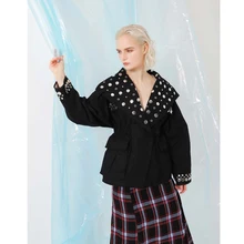 Женская уличная одежда в стиле панк с отложным воротником с блестками и металлическими кольцами со стразами, эластичная резинка на талии, два способа ношения, куртка черного цвета FS0682