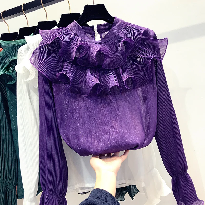 

2019 New Women's t-Shitrs Tops Long Sleeve Fashion Ruffles Lady Clothing Black Pink Purple