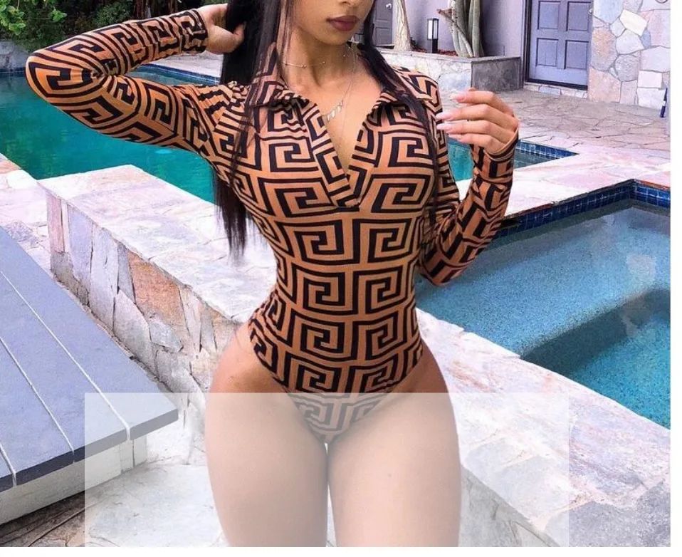 women jumpsuit sexy bodysuit mujer bodycon long sleeve club rompers palazzo print body suit  womens tops v neck streetwear 2020