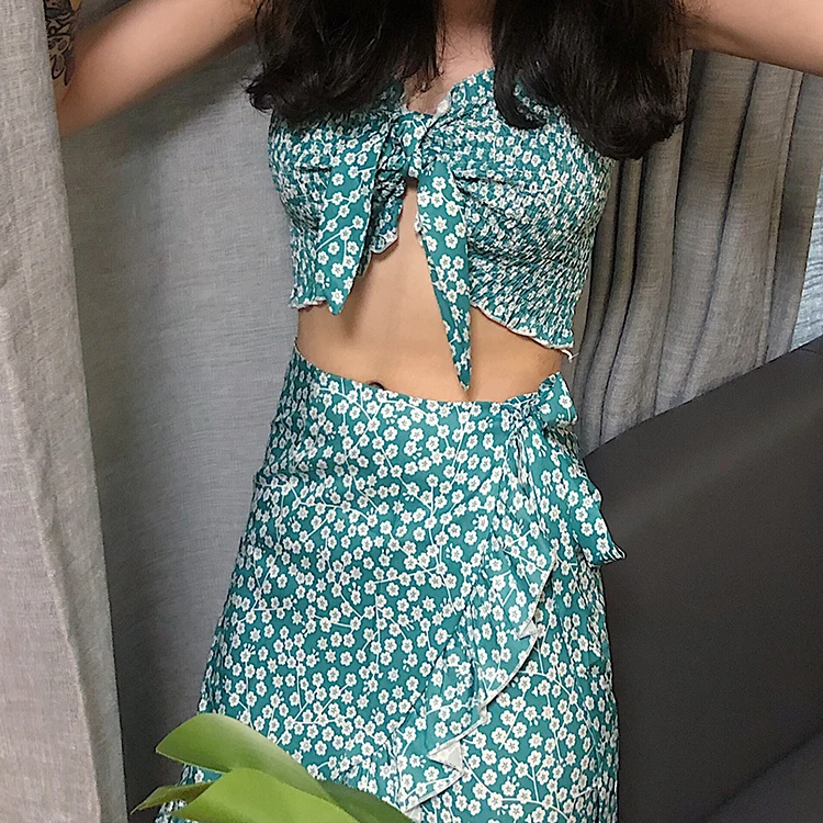 

2 Piece Set Women Matching Sets Club Outfits Vintage Tube Top Two Wearing Small Floral Tops + Straps Ruffled Irregular Skirt