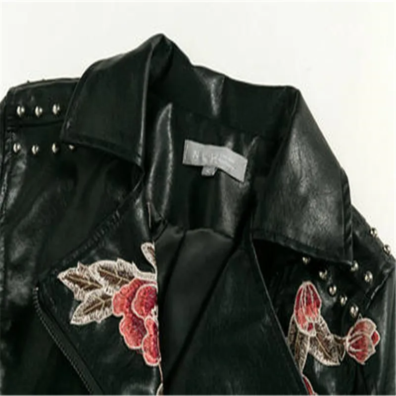 Mode En 2018 De Femmes Nouveau Cuir Broderie Style Automne Pu Veste Moteur Casual Courte Manteau Section Mince CqrOtqn