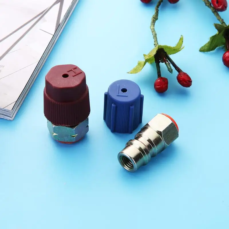 Red Blue Car Retrofit 7/16 to 3/8 Conversion Adapter R12 to R134a High/Low Voltage AC Fitting for Automobiles Air Conditioner
