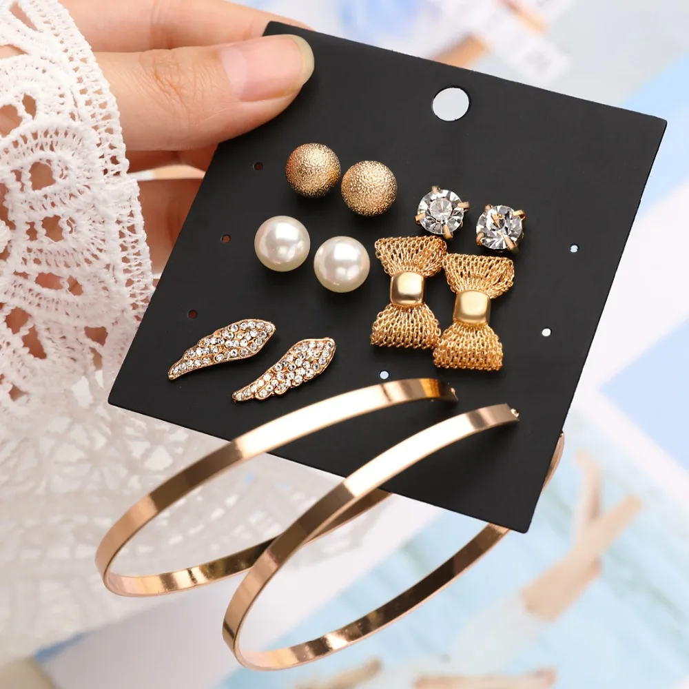 

Punk 6 Pairs Pack Set Brincos Mixed Stud Earrings For Women Crystal Ear Studs Fashion Simulated Pearl Jewelry Wholesale Earrings