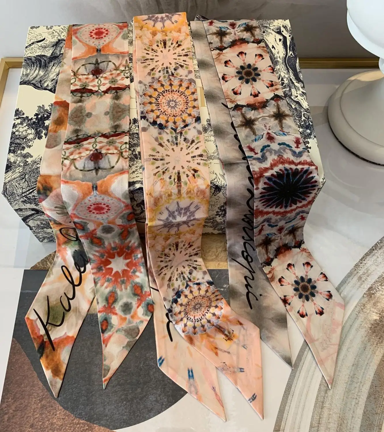 

Kaleidoscope series 100% women's small silk scarf printed silk hair band small ribbon twilly straps bag accessories